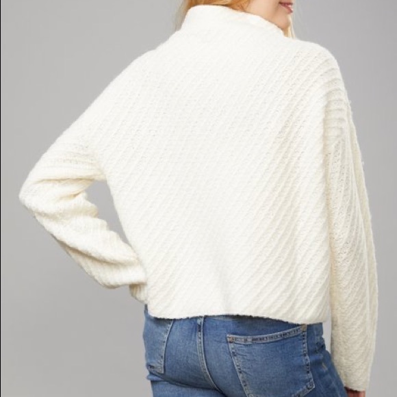 Cream Wool Blend Diagonal Stitch Mock Neck Sweater - Picture 2 of 3